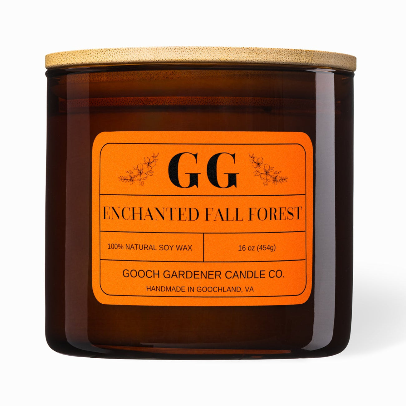 Brown candle with orange label featuring &