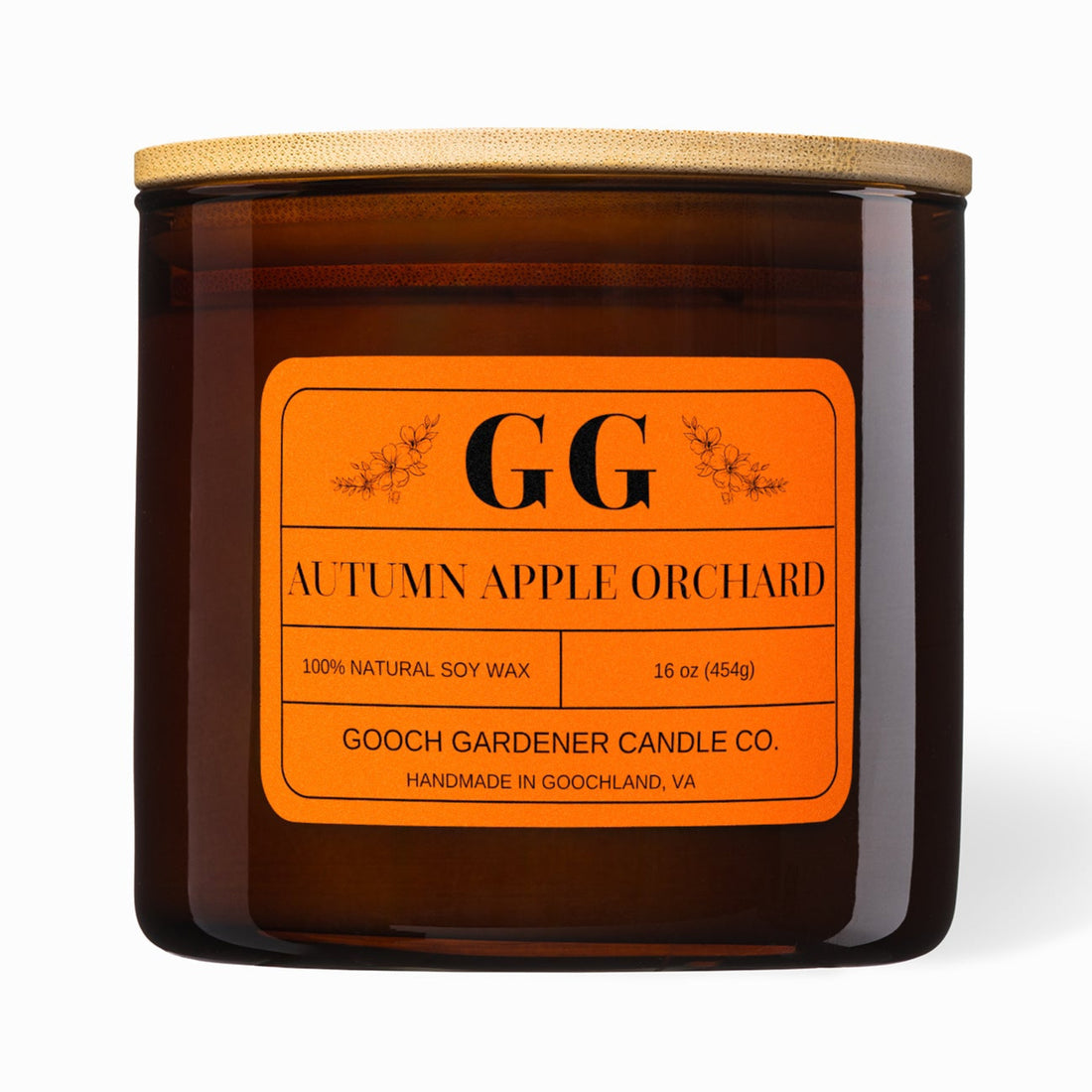 Gooch Gardener Candle Co. candle with orange label on a white background