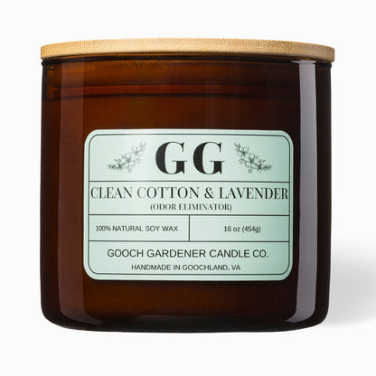 Gooch Gardener Candle Co. candle with a wooden lid on a white background