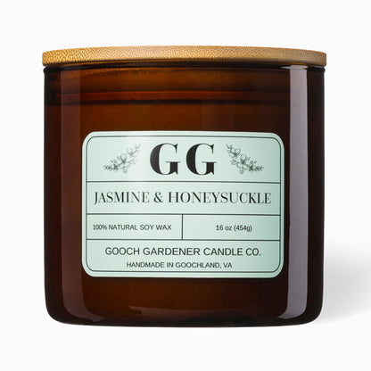 Gooch Gardener Candle Co. candle with jasmine and honeysuckle scent on a white background