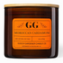 An amber glass jar candle with a light wood lid and a bright orange label reading &
