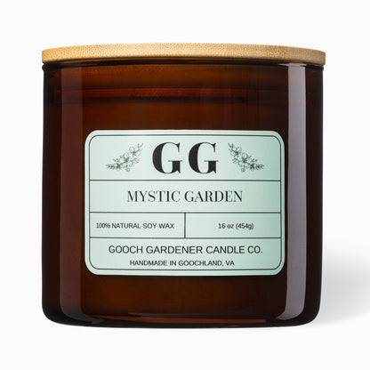 Brown candle with a wooden lid and label on a white background