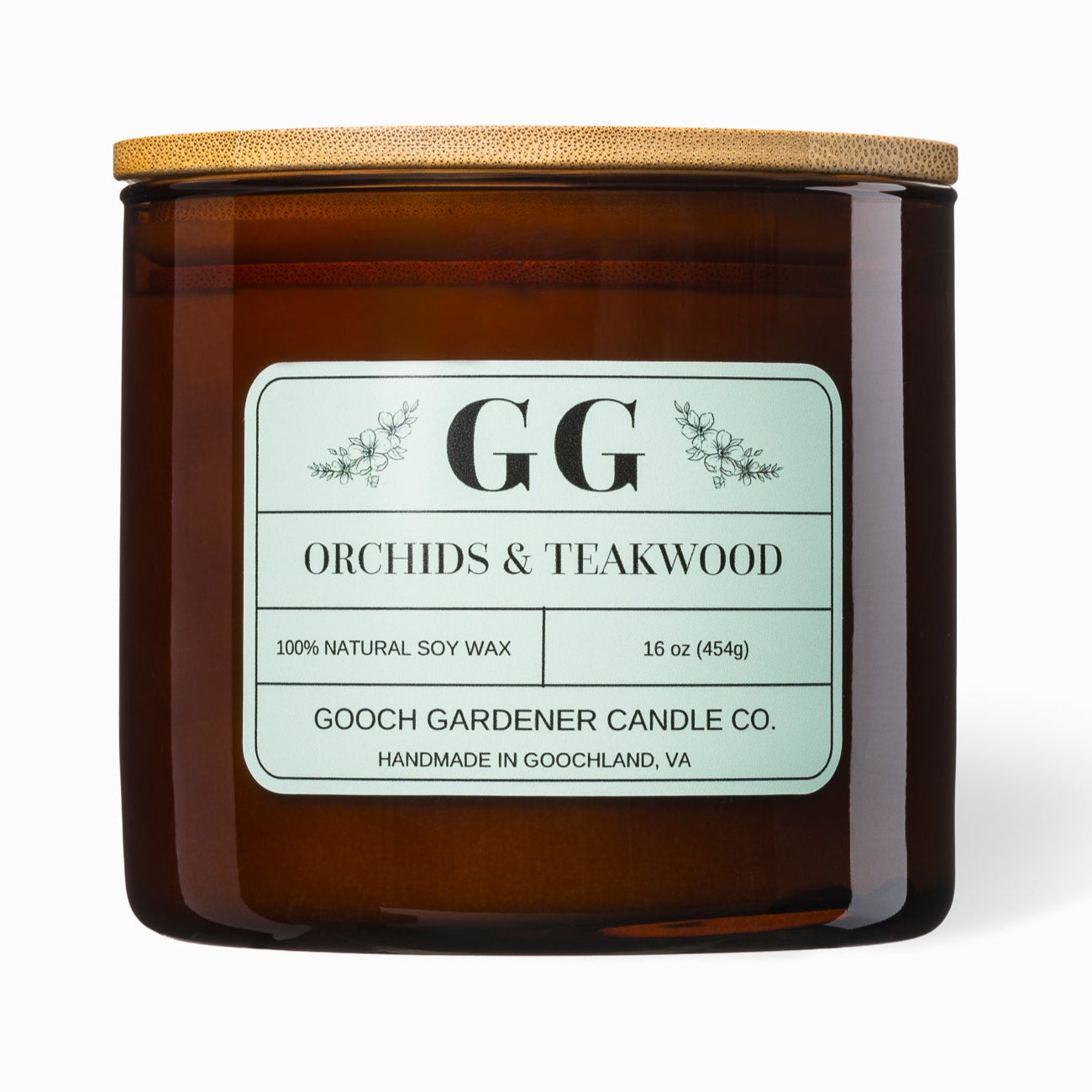 Gooch Gardener Candle Co. candle with label on a white background